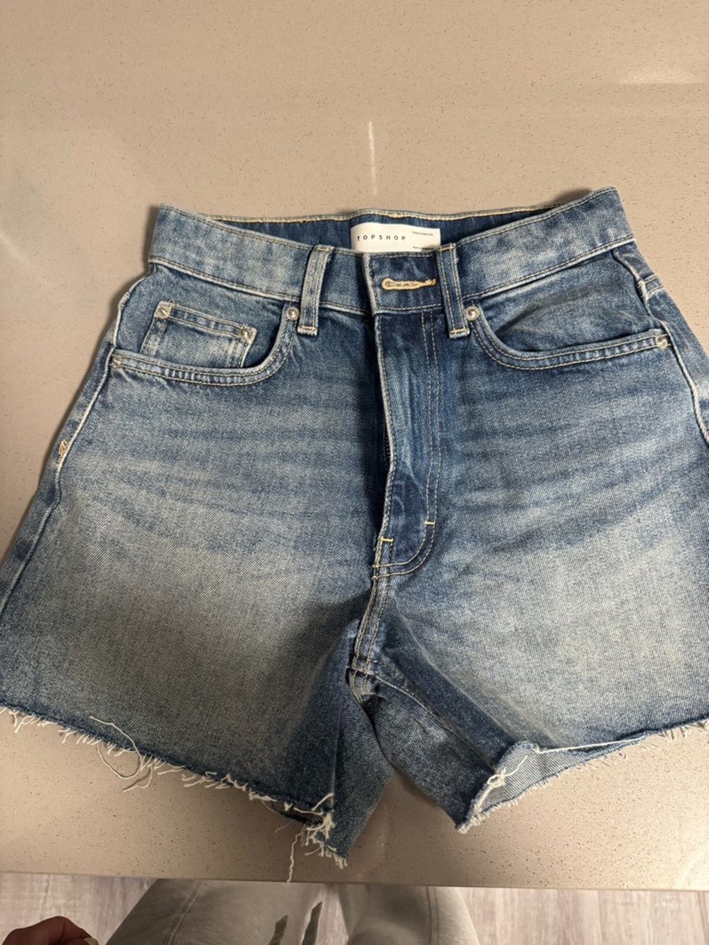 Topshop Medium Blue Denim Shorts with Contrast Stitching